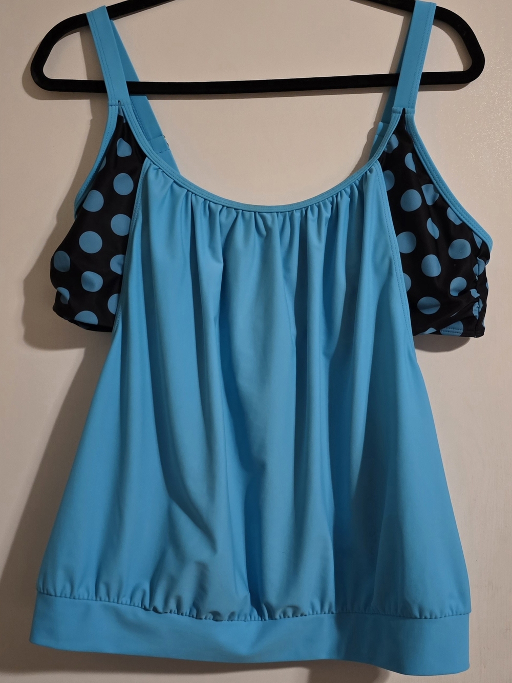 Women’s 2XL Turquoise Tankini Swim Top Black Blue Polka Dot Adjustable Straps